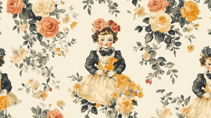 Vintage floral pattern with girl figures
