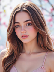 Beautiful young woman with long flowing hair and soft makeup bathed in gentle sunlight with a floral background