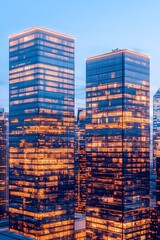 Two illuminated skyscrapers stand tall against a twilight sky, reflecting the city's energy