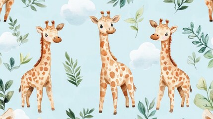 Cute giraffe pattern with leaves and clouds
