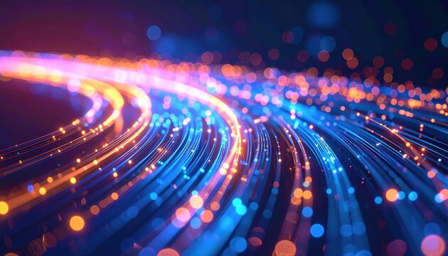 Abstract glowing fiber optic cables background image showing vibrant blue orange and pink lights technology concept