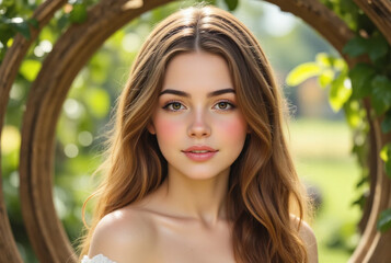Young woman with long wavy hair framed by a natural archway in a sunlit garden