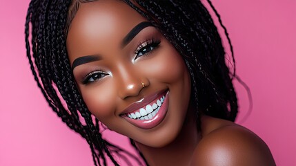 A smiling woman with braided hair poses against a soft pink background.