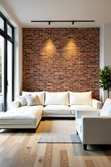 Fototapeta premium - Stylish white couches in a spacious contemporary living room with an exposed brick feature wall, white, design