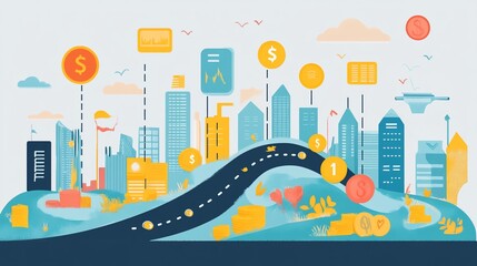 Fototapeta premium Stylized cityscape illustration showcasing financial growth and urban development