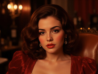 Elegant young woman with retro hairstyle and red lipstick looking confidently at the camera in a dimly lit setting