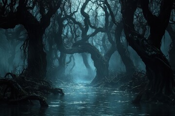 Dark and cursed swamp with twisted trees creates an eerie atmosphere at twilight, dark and cursed swamp with twisted trees, Seamless ing Photo background