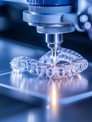 A close-up of a dental aligner being fabricated using a 3D printing machine