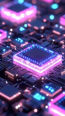 Fototapeta premium A close-up of a glowing circuit board with a central processor chip