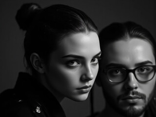 Intense black and white portrait of a young woman and a man with glasses looking forward