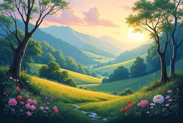Idyllic rolling green hills bathed in golden sunlight at sunrise with blooming wildflowers in the foreground