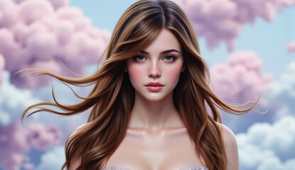 Beautiful young woman with flowing brown hair and soft pink clouds in the background ethereal beauty