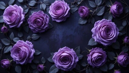 Arrangement Of Lush Purple Roses With Leaves On A Dark Background Creating A Romantic Atmosphere