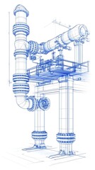 A detailed blueprint illustration of an industrial piping system with multiple valves and connections
