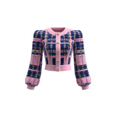 Obraz premium Pink and Blue Plaid Cropped Cardigan Sweater