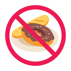 Forbidden sign with bread and donut icon, no bread allowed sign, bread prohibition symbol, do not eat processed flour food symbol
