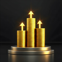 Growing stacks of gold coins with upward arrows representing financial growth and success