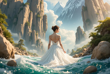 Bride in a flowing white gown stands in a misty mountain river surrounded by lush greenery and dramatic peaks