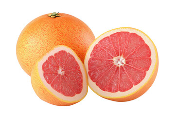 Close up view of a whole and sliced grapefruit on transparent background png