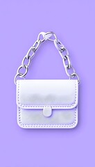A small white purse with a silver chain strap on a purple background