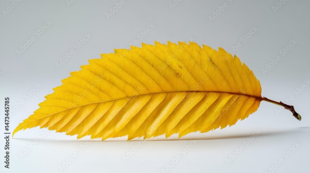Poster a golden-yellow autumn leaf displays its intricate texture as it rests on a clean white surface, cas