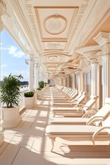 A sun-drenched balcony with white lounge chairs, potted plants, and a view of the ocean