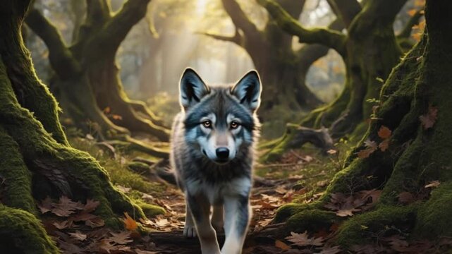 Wolf walking on a path through a mossy forest with sunlight shining between the trees behind it