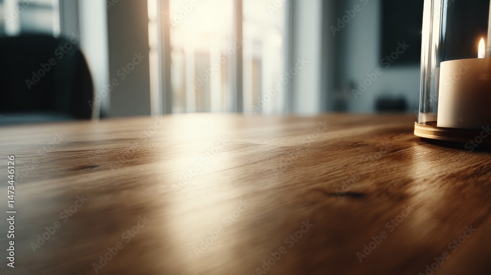 Fototapete a close-up perspective captures the rich grains and subtle knots of a polished oak table, softly ill
