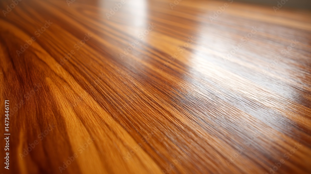 Poster Rich texture of a polished mahogany table surface reveals intricate grain patterns illuminated by warm light, creating an inviting atmosphere in the space