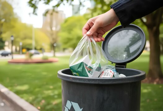 Hand throwing garbage in trash on World Environment Day for clean park preservation