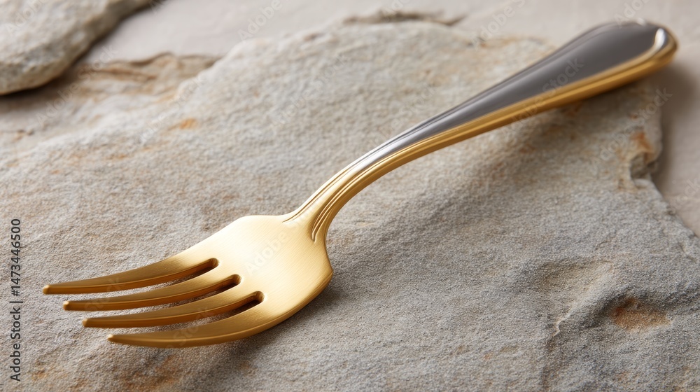 Poster polished brass fork with a matte silver handle lies on a smooth gray stone surface, reflecting subtl
