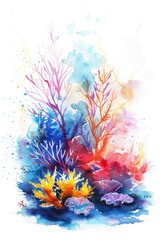Colorful coral reef illustration celebrating world reef awareness day. Vertical banner. Copy space. World Oceans Day. World Wildlife Day. Watercolor illustartion