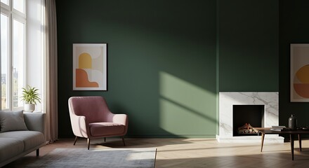 Serene Sunlight: Dusty Rose Armchair in a Deep Green Living Room