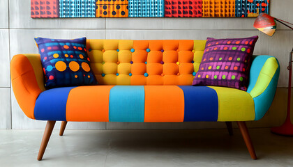 Colorful striped sofa with patterned cushions, mid-century modern style, sits against a wall with colorful artwork