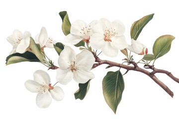 Branch with white blossoms and green leaves on transparent background png