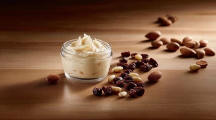 Creamy shea butter sits in a glass jar on a smooth wooden surface. Scattered nut shells provide an organic touch under soft, warm light, enhancing the natural appeal