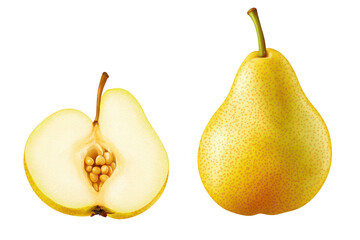 A halved pear showing seeds next to a whole yellow pearon transparent background png