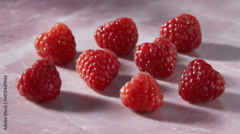 Poster Fresh raspberries arranged in a heart shape sit on a smooth slate surface, bathed in soft light, creating a romantic and inviting atmosphere