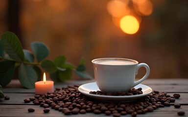Obraz premium White Coffee Cup with Coffee Beans and Candle at Dusk. High quality