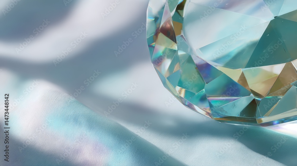 Fototapete faceted glass prism rests on a smooth white surface, casting soft blue and green hues with delicate 