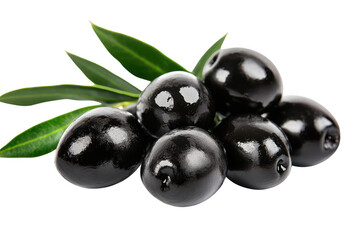 A pile of shiny dark olives with green leaves against a dark setting view on transparent background png
