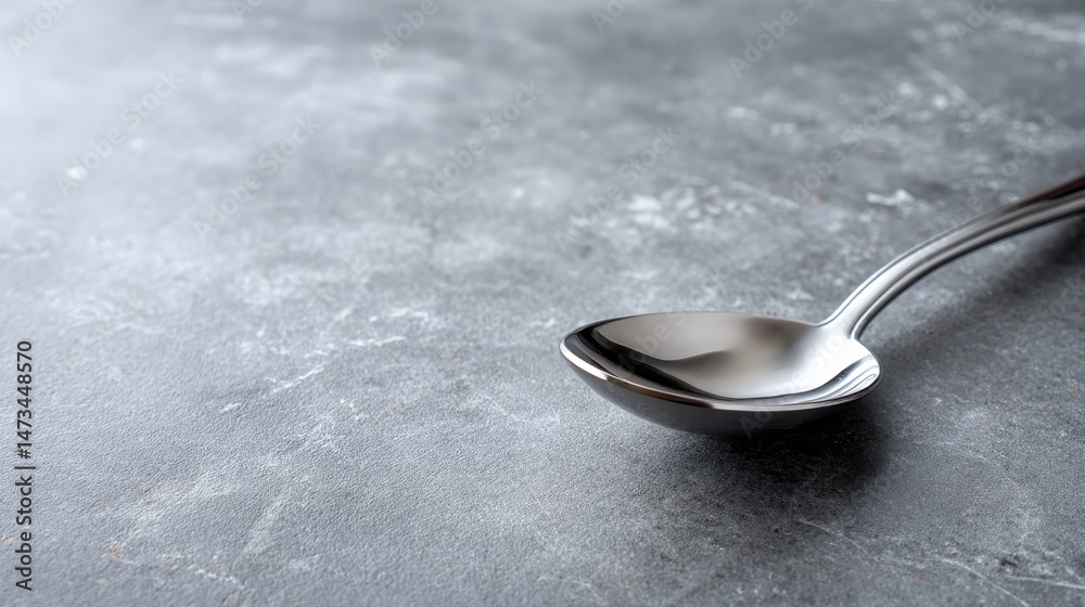 Poster A glossy silver ladle rests on a smooth slate surface, showcasing reflective highlights and soft light against a minimal gray background in a serene setting