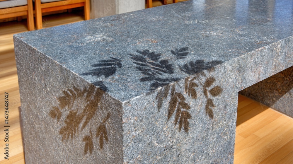 Fototapete close-up view of a polished granite table displaying intricate leaf shadows in a bright, minimalist 