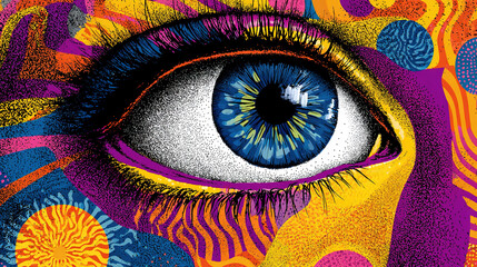 Psychedelic retro cool digital artwork. Colorful doodle human face eyeball design, 70s vintage style vivid dreamscape pop art