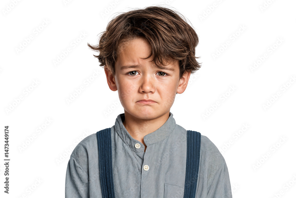 Poster young boy with sad expression and crying, isolated on transparent background