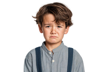 Young boy with sad expression and crying, isolated on transparent background