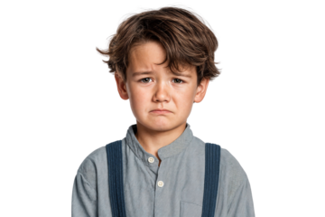 Young boy with sad expression and crying, isolated on transparent background