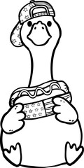 Cute 4th of July Silly Goose with American Cap Hat and Hotdog Outline Doodle