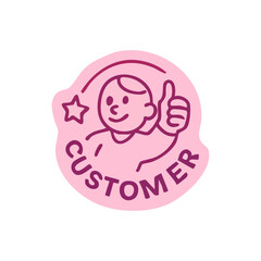 Satisfied customer icon, showing a smiling person giving a thumbs-up.  A pink, rounded shape with the word CUSTOMER in a darker shade