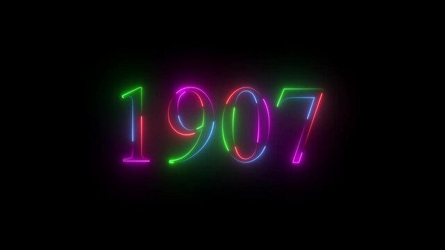 1907 neon line text. Abstract 1907 neon text animation ,For neon color Glowing neon number text background 4k video animation . 1907 title metal text on glowing text animation black background